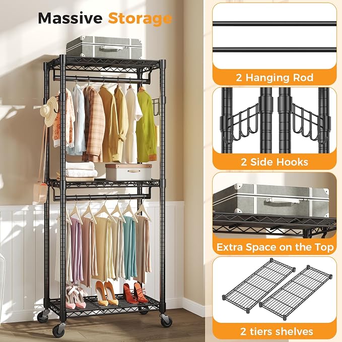 NEWBULIG Heavy Duty Clothing Rack with Wheels, 3-Tier Adjustable Wire Garment Rack, Metal Freestanding Closet Organizer System with Double Hanging Rods & 8 Side Hooks, 29" x 15" x 75", Black