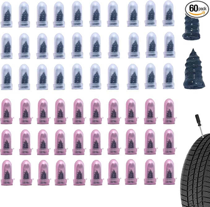 60 PCS Tire Repair Rubber Nail, Vacuum Tire Repair Kits Spiral Rubber Screws, Fast Self-Service Tool for Car, Truck, Motorcycle, Tractor Tire Puncture Repair (Black)