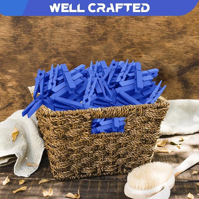 100 Pcs Blue Clothes pins - 2.9 Inch Wooden Clothespins Cheer Clips | Vibrant for Crafts Classroom Decorations Clothing Pictures Laundry Solid Wood No Splinters Fade‑Proof