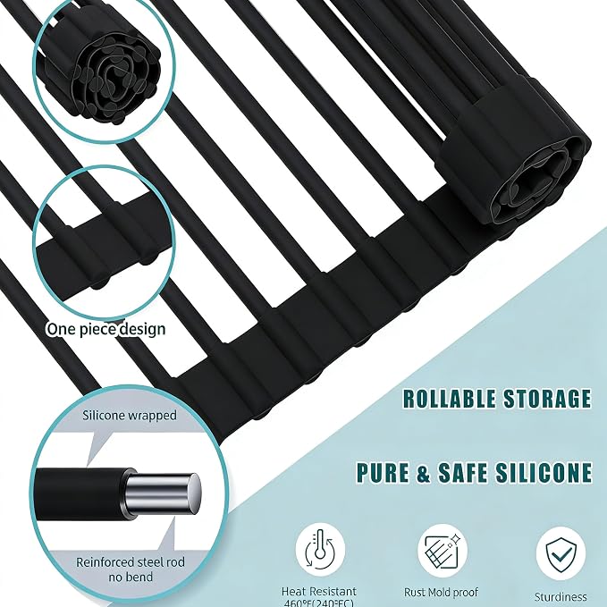 Roll up Dish Drying Rack Silicone Wrapped Stainless Steel 14.5" x 7", Black (M), Over the Sink, Heat Resistant, Foldable