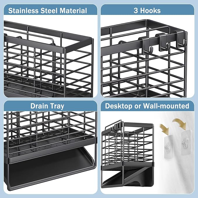 Utensil Holder, Stainless Steel Utensil Drying Rack with Plastic Automatic Drain Tray for Kitchen Counter, Compact Silverware Cutlery Drainer Basket for Spoons, Forks, Knifes, Chopsticks Organizer