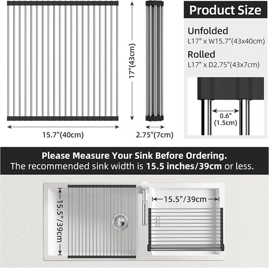 Dish Drying Rack, Roll Up Dish Drying Rack Over The Sink, 17" x 15.7", Dish Racks for Kitchen Counter, Black