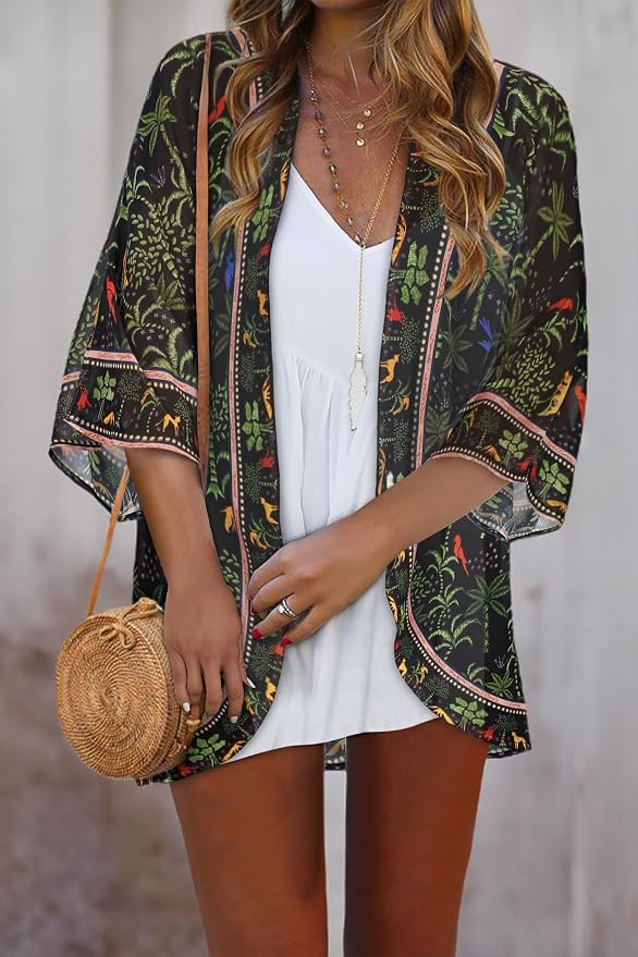 Women Kimono Cardigans Summer Cover Up Hawaiian Shirts Floral Print Tops | ROSEMIA chiffon kimono open front cardigans, beach cover ups, daily casual tops, cruise outfits, summer resort wear
