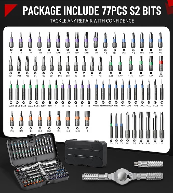 79 in 1 Precision Ratchet Screwdriver Set, Upgraded S2 Steel Tool Kit with Long Bits, Magnetic Electronics Repair Kit Compatible with Smartphones, Laptops, Gift for Men DIY Enthusiasts