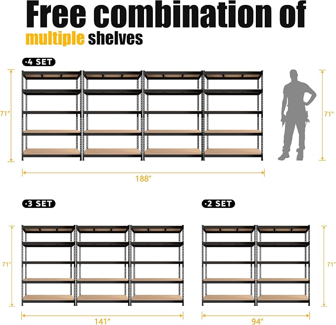 PrimeZone 2 Pack Heavy Duty Storage Shelves - 47"W x 18"D x 71"H 5 Tier Adjustable Garage Storage Shelving, Metal Utility Rack Organizer Shelf Unit for Warehouse Pantry Closet Kitchen Basement, Black