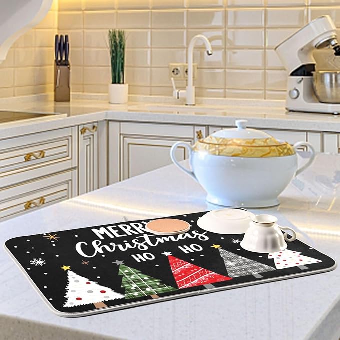 Christmas Tree Black Dish Drying Mat for Kitchen Countertop 18x24 Winter Snowflake White Xmas Large Drying Mat Reusable Quick Dry Dish Sink Mats Easy Clean Decorative Essentials
