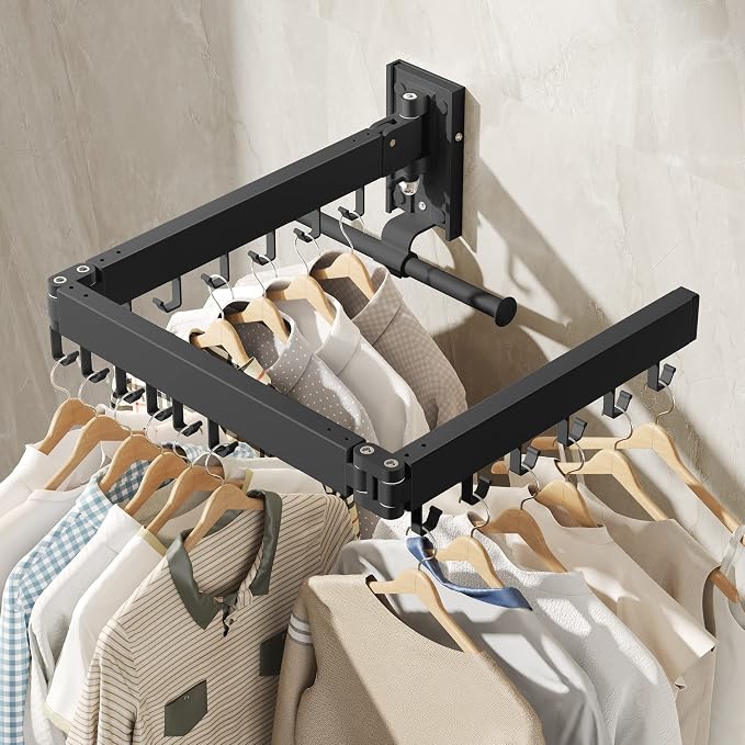 BOQORAD Drying Rack Clothing, Retractable Clothes Drying Rack,Wall Mounted Laundry Rack, Laundry Drying Rack Wall Mount,Collapsible Clothes Rack,can Fold Upward & Left & Right,Black Color