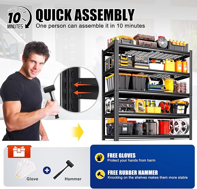 6 Pack Garage Shelving 5-Tier Heavy Duty Storage Shelves, Tool-Free Adjustable Metal Shelf Unit, Utility Organizer Rack for Basement, Pantry, Kitchen, Warehouse, 45.6"W x 19.7"D x 78"H, Black