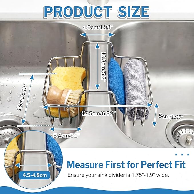2 Pack Stainless Steel Sponge Holder for Kitchen Sink, Double Kitchen Sink Caddy Saddle for Sponge, Scrubber & Dish Cloth, Rustproof Hanging Organizer for Double Basin, Top Width 1.93"