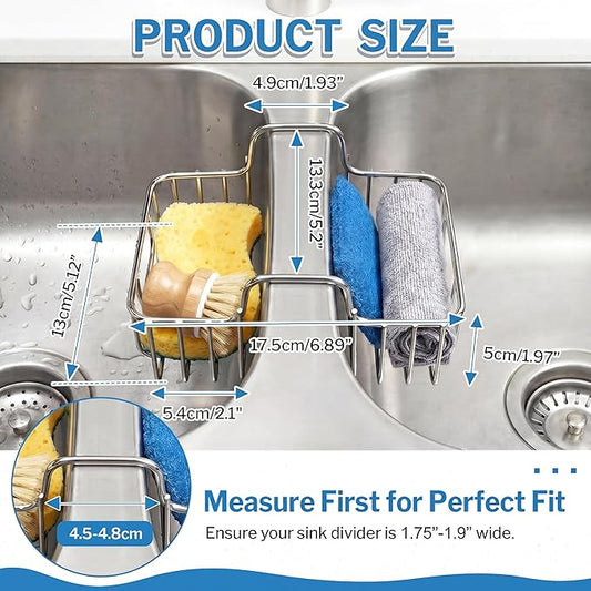 2 Pack Stainless Steel Sponge Holder for Kitchen Sink, Double Kitchen Sink Caddy Saddle for Sponge, Scrubber & Dish Cloth, Rustproof Hanging Organizer for Double Basin, Top Width 1.93"