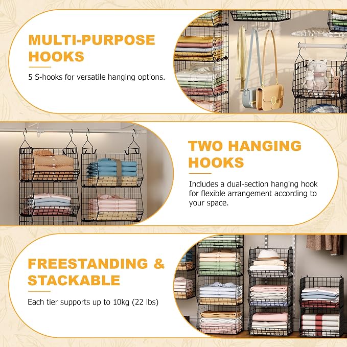 X-cosrack 3-Tier Hanging Closet Organizer, Laundry Room Organization | Space Saving Shelves with 1.65" Hook & 5 S-Hooks | Hanging Wire Baskets (12.4" W x 8.8" H x 10.24-11.8" D)