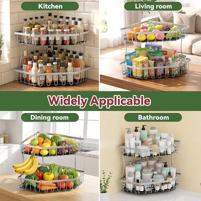 2 Tier Fruit Basket for Kitchen Counter - Detachable Metal Fruit Bowl with 2 Banana Hangers for Corner , Large Capacity Fruit Stand with Wooden Handle for Bread Fruit and Vegetable Storage - Silver