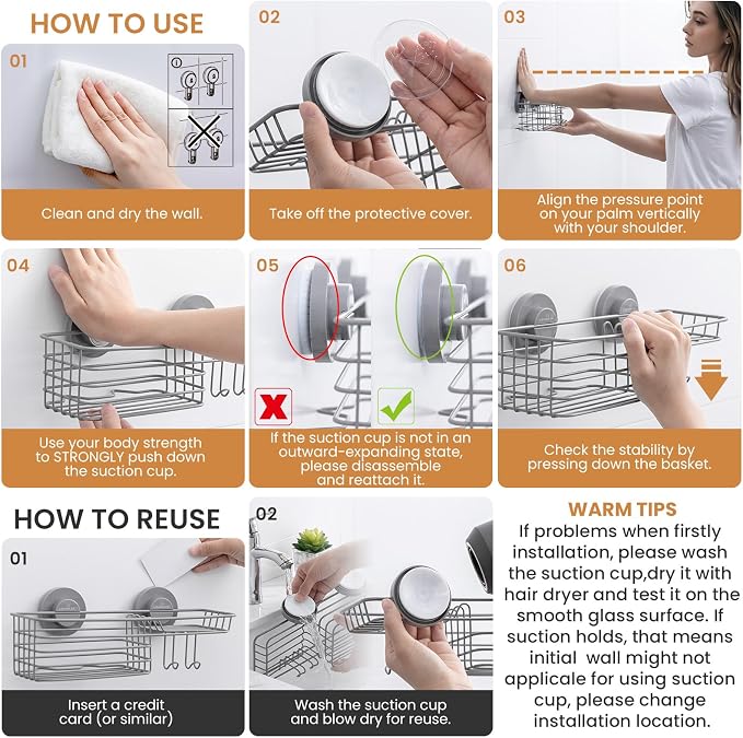 LEVERLOC Shower Caddy Suction Cup, Heavy Duty Bathroom Organizer for Inside Shower with Hooks & Soap holder， NO-Drilling Bathroom Shower Holder-Grey