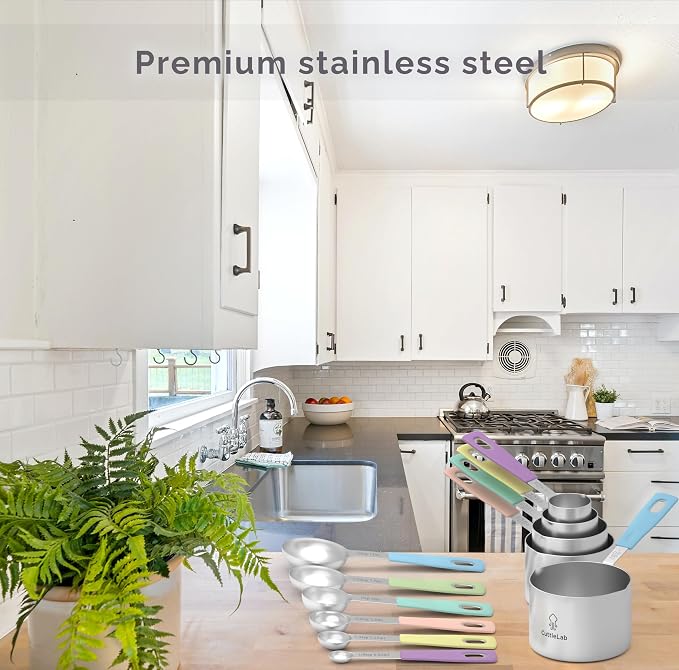 CuttleLab Measuring Cups and Measuring Spoons Set of 14 - Stainless Steel Measuring Cups and Spoons Set, Includes 1/8 Teaspoon Measuring Spoon, 1/8 Cup Measuring Cup, Leveler Dry (14,Cotton Candy)