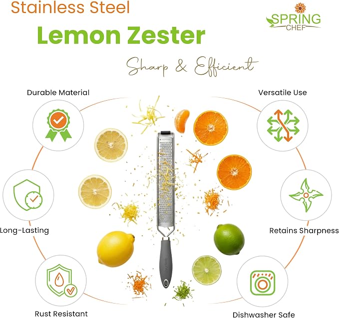 Spring Chef Stainless Steel Lemon Zester Grater with Handle - Garlic, Cheese, Parmesan, Nutmeg, Lime, Ginger Grater - Heavy Duty Kitchen Tool - Citrus Zester with Blade Cover - Fine Shred - Gray