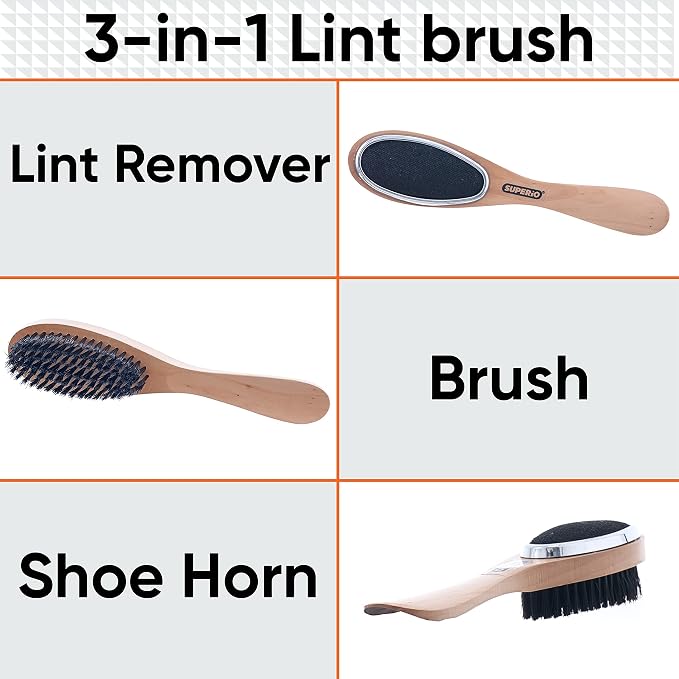 Superio Lint Brush for Clothes, 2-Pack, 3 in 1 Garment Brush - Double Sided Wood Handle, Clothes Brush, Lint Brush for Suit, Wool Coat, Removes Pet Lint and Dust and Shoe Horn