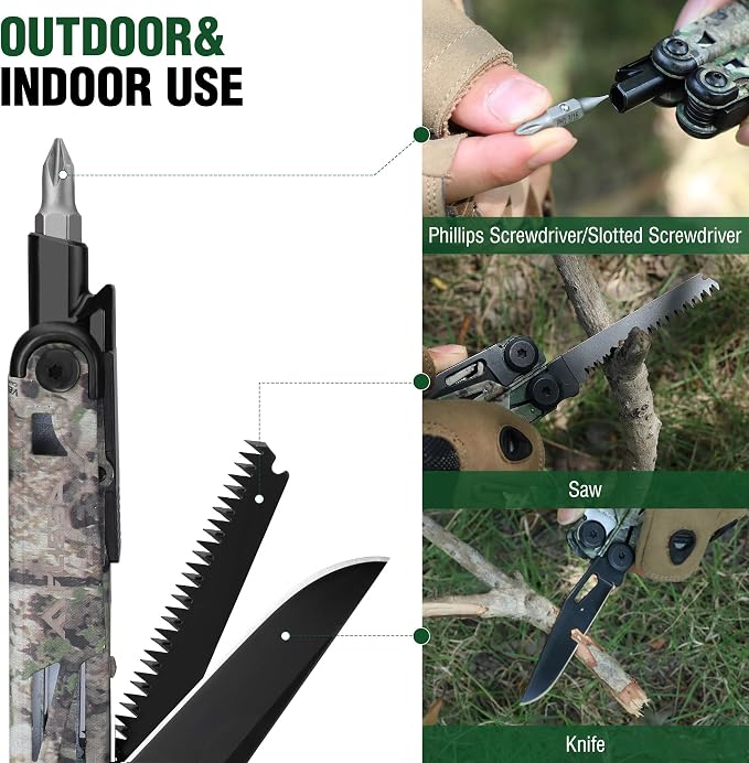 FLISSA 15-in-1 EDC Multitool Pliers with Sheath, Pocket Knife | Stainless Steel with Knife, Saw and Screwdrivers. Nylon Carry Case for Camping Fishing Survival, EDC Gear, Camo Finish