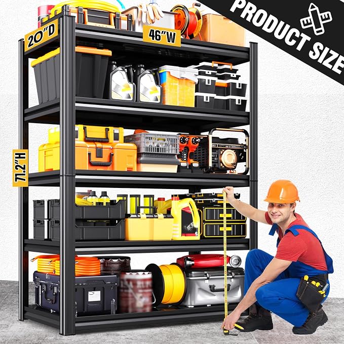 Heavy Duty Garage Shelving, 5-Tier Adjustable All Metal Storage Rack for Tools, Storage Bins & Bulk Items, Utility Steel Shelf for Garage,Warehouse, Workshop,Basement&Pantry,71"H x 46"W x 20"D