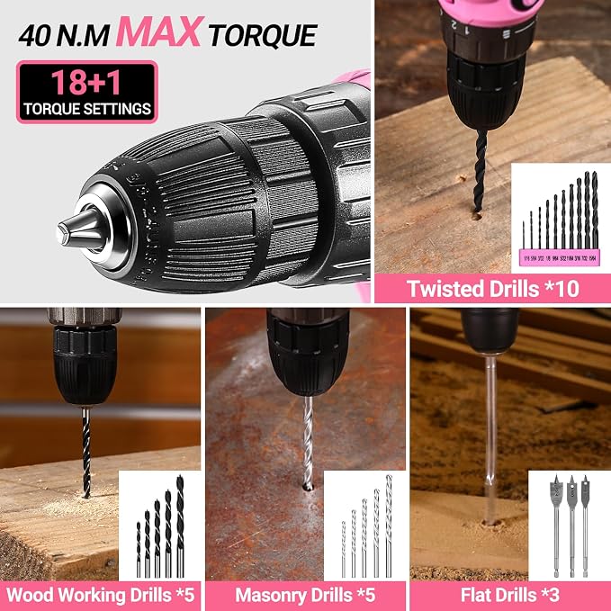 Pink Power Drill Tool Kit Set: 20V Cordless Electric Drill, Driver, Tool Box with Battery