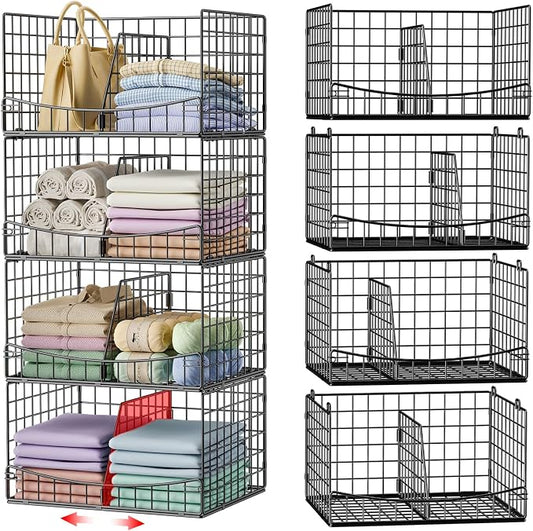 Hongtamoya 4-Tier Closet Organizers and Storage Basket with Divider, Foldable Closet Shelf Organizer System, Space-Saving Clothes Storage Drawer Organizer Bins for Wardrobe Cupboard, Black