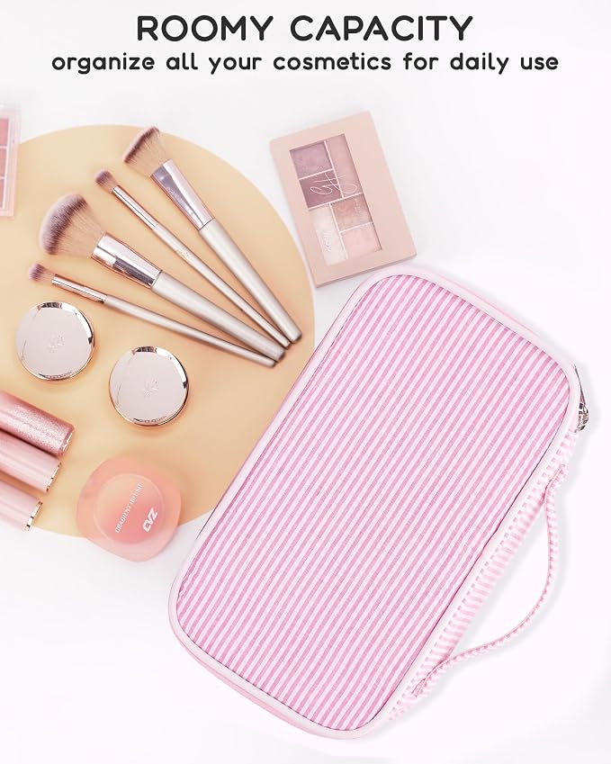 Relavel Pink Makeup Bag, Dual-Layer Cute Travel Cosmetic Bag with Make Up Brush Compartment, Multi-Functional Small Toiletry Organizer, Preppy Accessories for Daily Use, Pink Strip