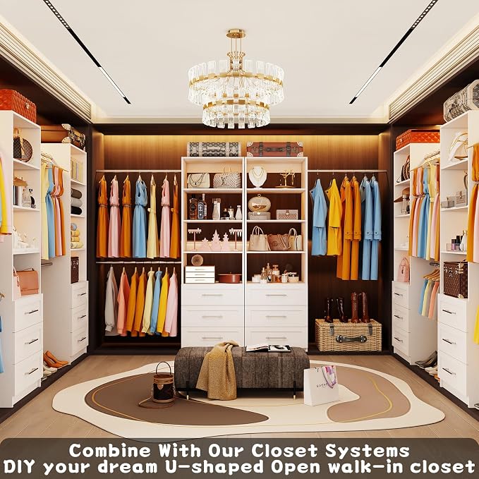 Closet System with 6 Drawers, 5FT-15FT Custom Closet Organizer System Modular Walk in Closet Storage Wooden System with 8 Expandable Hanging Rods Adjustable Shelves 2 Sets White