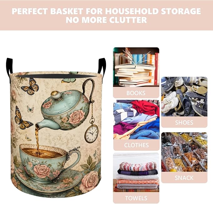 Vintage Floral Tea Laundry Basket Hamper 19.7"x15.8", Organizer Bins Gifts for Kids Boys Girls, Butterfly Teacup Foldable Waterproof Oxford Clothes Storage Bucket for Bedroom Bathroom Decor