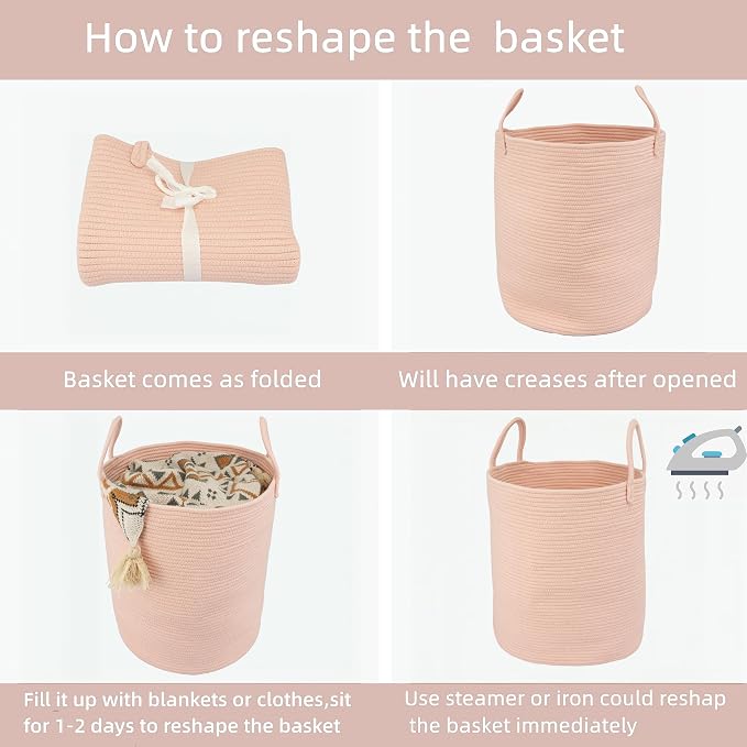 XUANGUO Cotton Rope Laundry Basket Hamper for Clothes, coral pink | Woven Storage Basket for Living Room Bedroom Boho Tall Rope Baskets for Blanket Toys Pillow Towels Baby Nursery Hamper Bin