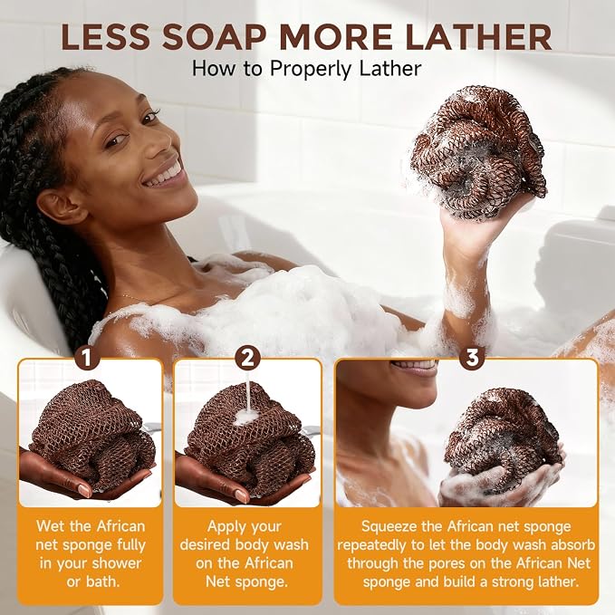 2 Pieces African Net Sponge Authentic, Durable Back Scrubber Washcloth for Shower, Exfoliating Net Sponge for All Skin, Bathing Accessories for Women (2 Pack (Black and Brown))