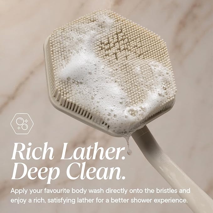 TOOLETRIES Silicone Back Scrubber for Shower, Bath Brush - Sand | Long ergonomic handle and non-slip grip make exfoliating hard-to-reach areas simple and comfortable.