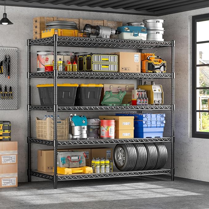 24" D Storage Shelves 3300 LBS Heavy Duty Garage Shelving, 5 Tier Metal Shelving Adjustable Wire Shelving Unit with Liners, 55" W x 24" D x 72" H for Commercial Warehouse, Black
