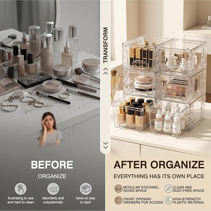 Stackable Storage Drawers 6 Pack 4.4in Clear Medicine Bins Organizer