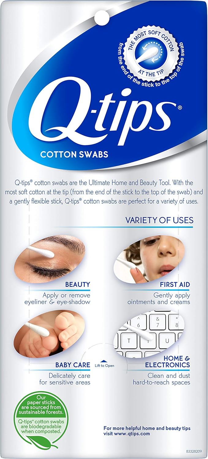 Q-tips Cotton Swabs for Hygiene and Beauty Care Original Cotton Swab Made with 100% Cotton 625 Count, (Pack of 2)