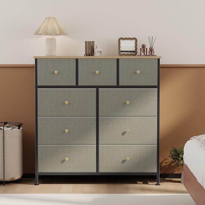 OLIXIS 9 Drawer Tall Dresser for Bedroom, Closet Organizers and Storage | Fabric Dresser with Wooden Top, Chest of Drawers for Clothes Storage, Tower Cabinet, Furniture, TV Stand, Dark Green