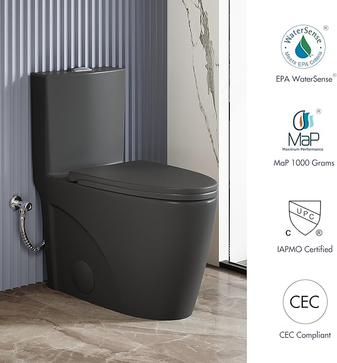 Eridanus Elongated One Piece Toilet with Powerful Siphon Dual Flush 1.1/1.6 GPF, 12" Rough-In Modern Bathroom Toilets with Comfort Soft Closing Seat Height 17", ADA Compliant Bowl, Matte Black