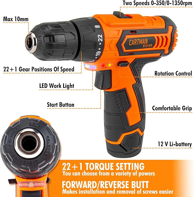 CARTMAN Orange 198-Piece 12V Cordless Drill Tool Combo Kit | Complete DIY repair tools for home, office & garden maintenance, professional household tool set with robot style storage box