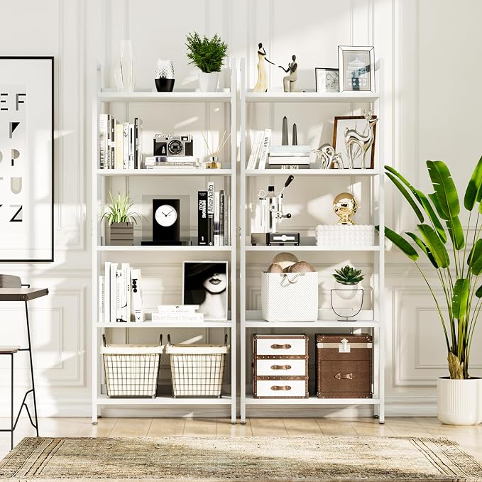 NUMENN Bookshelf, 5 Tier Freestanding Shelving Unit, White | Metal Frame & Wood Shelves, Falling Prevention Baffle, Open Storage Bookcase for Bedroom, Living Room & Home Office