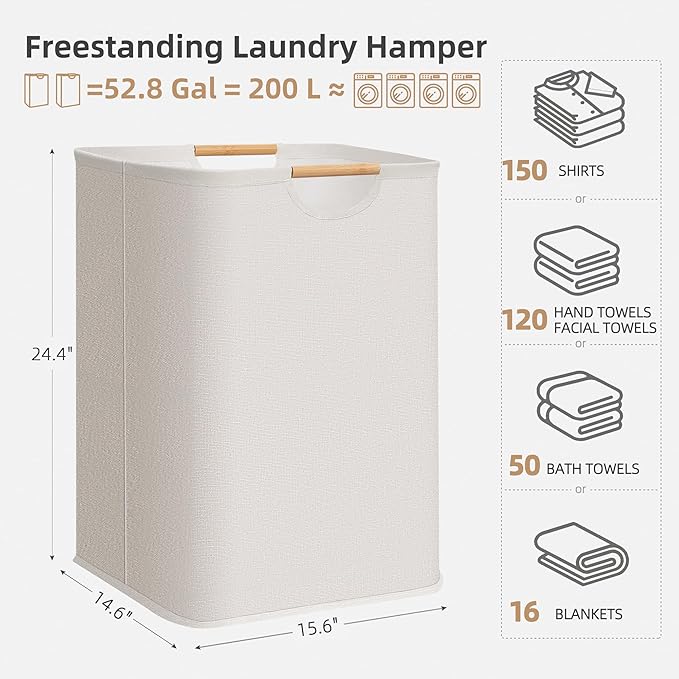 STORAGE MANIAC 2-Pack Large Laundry Hamper, 100L (26.4 Gal) Collapsible Laundry Basket with Bamboo Handles, Freestanding Waterproof Clothes Hamper for Laundry Room, Bedroom, Dorm, Towels, White