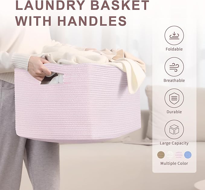 72L Large Woven Laundry Basket Hamper with Handles, Pink | collapsible wicker hamper, storage for dirty clothes, toys, blankets, gifts, living room, bedroom, bathroom, 22"x17"x12"