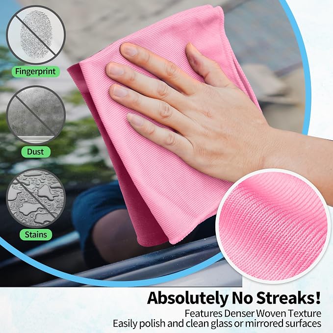 Microfiber Cleaning Cloth, 12 Pack Window Glasses Cleaning Cloth, Reusable Lint-Free Streak Free Polishing Cloth Wipes for Stainless Steel, Eyeglasses, Mirrors, Screens & Lenses,12"*12" Pink