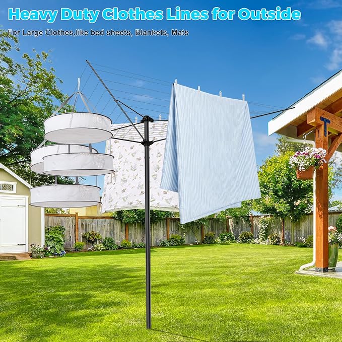 BAKON Heavy Duty Clothesline Outdoor, 30M Anti-Sag Drying Line Rustproof Wind Resistant Rotary Umbrella Drying Rack for Large Clothes, Bed Sheets for Backyard Patio RV Camping