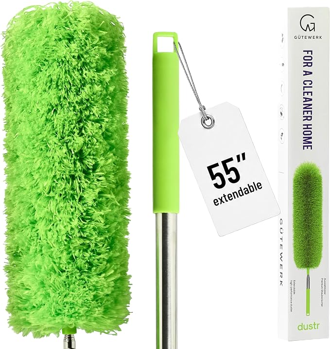 GÜTEWERK Extendable Microfiber Duster, 55 Inch - Feather Dusters for Cleaning Ceiling Fans, Blinds, Baseboards & High Ceilings - Washable, Electrostatic, 360° Bendable Head, Stainless Steel Pole