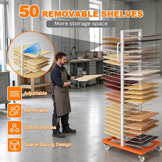 Heavy Duty Paint Drying Rack with 50 Removable Shelves, 25 lbs Capacity | Sturdy load-bearing metal frame, freely adjustable shelf spacing, easy quick assembly, vertical space-saving storage