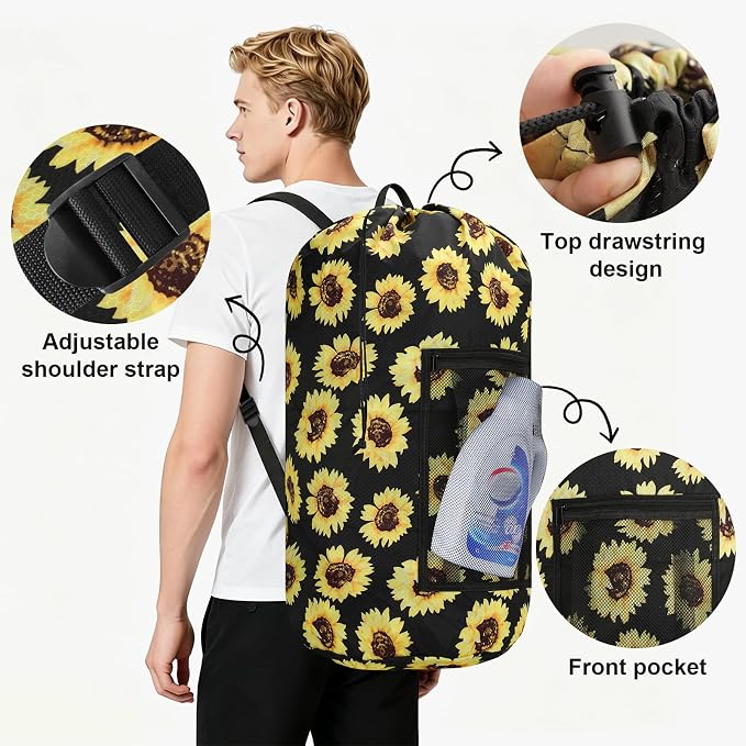 Laundry Bag Backpack Durable Laundry Bag with Shoulder Straps and Mesh Pockets Portable Laundry Hamper Dirty Clothes Bag for College, Travel, Laundromat, Apartment (Sunflower, 2 Pack)