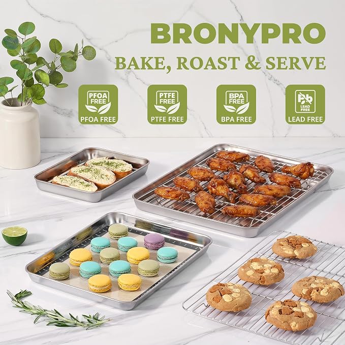 BRONYPRO 18/8 Stainless Steel Baking Sheet Set (2 Pans + 2 Mats+ 2 Racks) | Uncoated Cookie Sheets with Wire Rack & Macaron Silicone Mats, Non-Toxic (PFOA & PTFE Free), 16 In Jelly Roll Trays for Oven