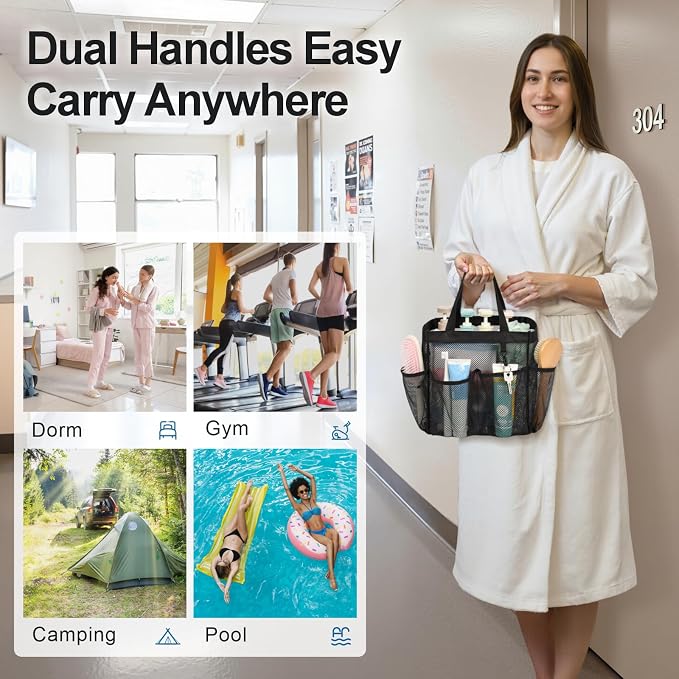 Mesh Shower Caddy Portable - 2 Packs, S-Hook, Shower Bag for Dorm Camping | 8 Pockets, 2-Handle, Quick-Dry, Toiletry Organizer, College Dorm Room Essentials for Girls, Gym, Travel & Bathroom, Black