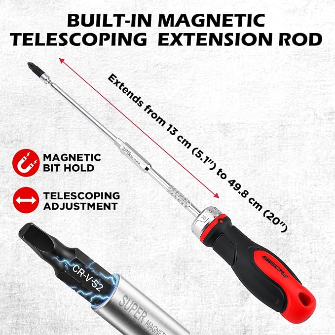 26-Piece Ratcheting Screwdriver Bit Set with 1/4" Magnetic Ratchet Driver, S2 Steel Bits, Telescopic Magnetic Extension Rod, Torx Phillips Slotted & Hex Bits Kit for Home Repair, Garage and DIY