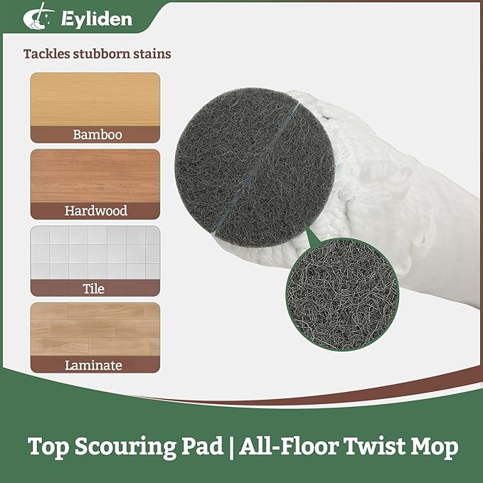 Eyliden Twist Mop - Simple, 57" Long Handle, Self-Wringing Microfiber String Mop for Floor Cleaning, Traps Dust & Pet Hair, Absorbs Spills Quickly, Safe for All Floor Types, JX-0001, White