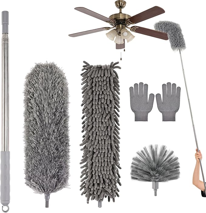 Microfiber Feather Duster 5-in-1 Kit with Extension Pole, Washable Cleaning Duster Set with 3 Duster Heads, Cobweb Duster, Corner Brush, 100'' Extendable Long Duster for High Ceilings, Fans, Furniture