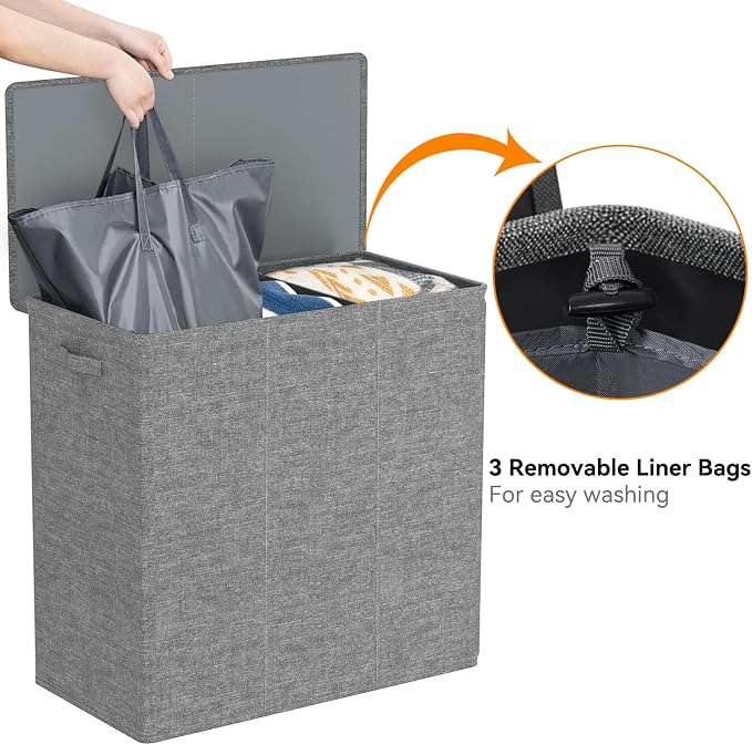 WOWLIVE 180L Laundry Hamper 3 Section, Large Laundry Basket with Lid | Dirty Clothes Hampers with Removable Bags and Handles, Collapsible Laundry Basket Organizer for Dorm Room, College, Grey